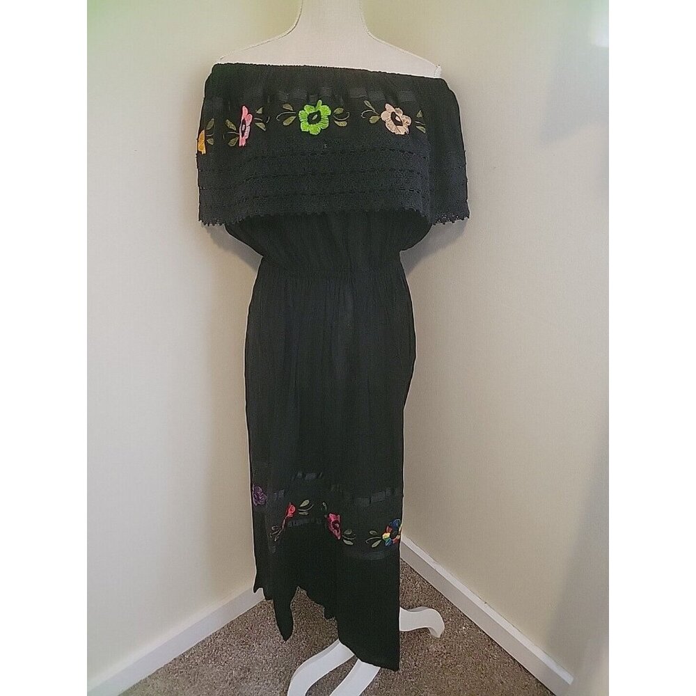 Vintage Black Mexican Dress Off Shoulder Embroidered Lace Full Skirt Midi